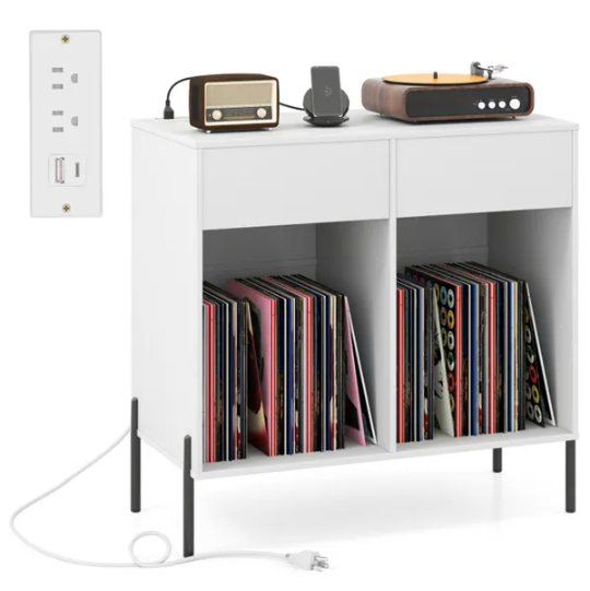 Record Player Storage Stand - Customizable Vinyl Compartments, Built-in Charging Station, Metal Legs & Floor-Protecting Pads