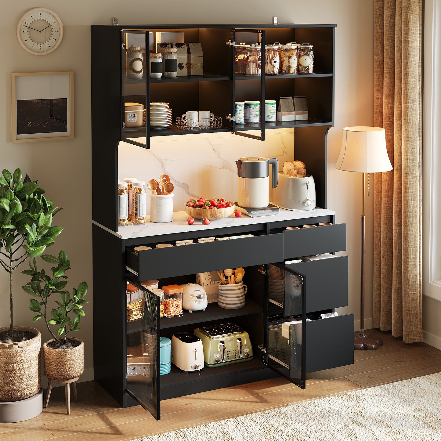 Tall Cabinet, Display Cabinet, Sideboard, Dining Room Cabinet, Living Room Cabinet, Black And White Look, Marble-look Middle Section, MDF Body, Glass Elements, Integrated LED Lights, Versatile Storage