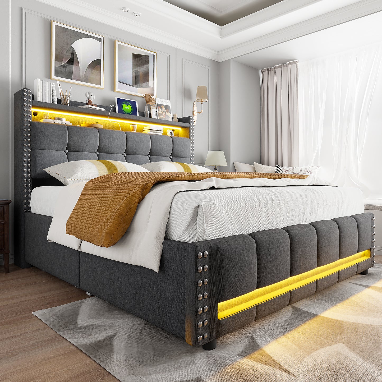 Upholstered Bed 160x200 Cm With LED Lighting And USB Socket, Headboard With Shelves And Storage Space With 4 Drawers, Double Bed For Adults, Linen Fabric Grey