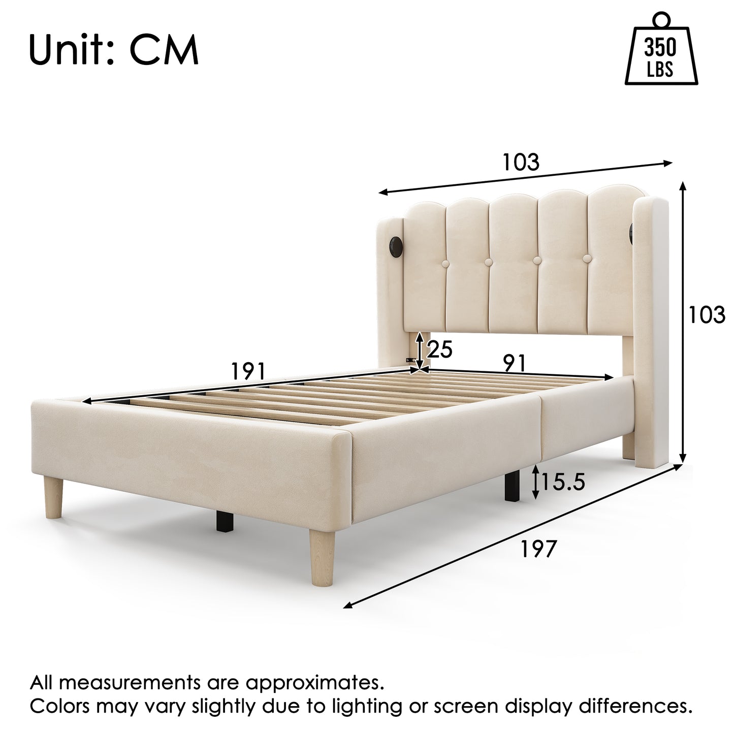 Upholstered Single Bed With USB And Type-C Charging, 3FT Bed Frame With Wooden Slatted Frame, Teenager Bed For Bedroom & Guest Room, 90 X 190 Cm, Beige, Velvet   No Mattress