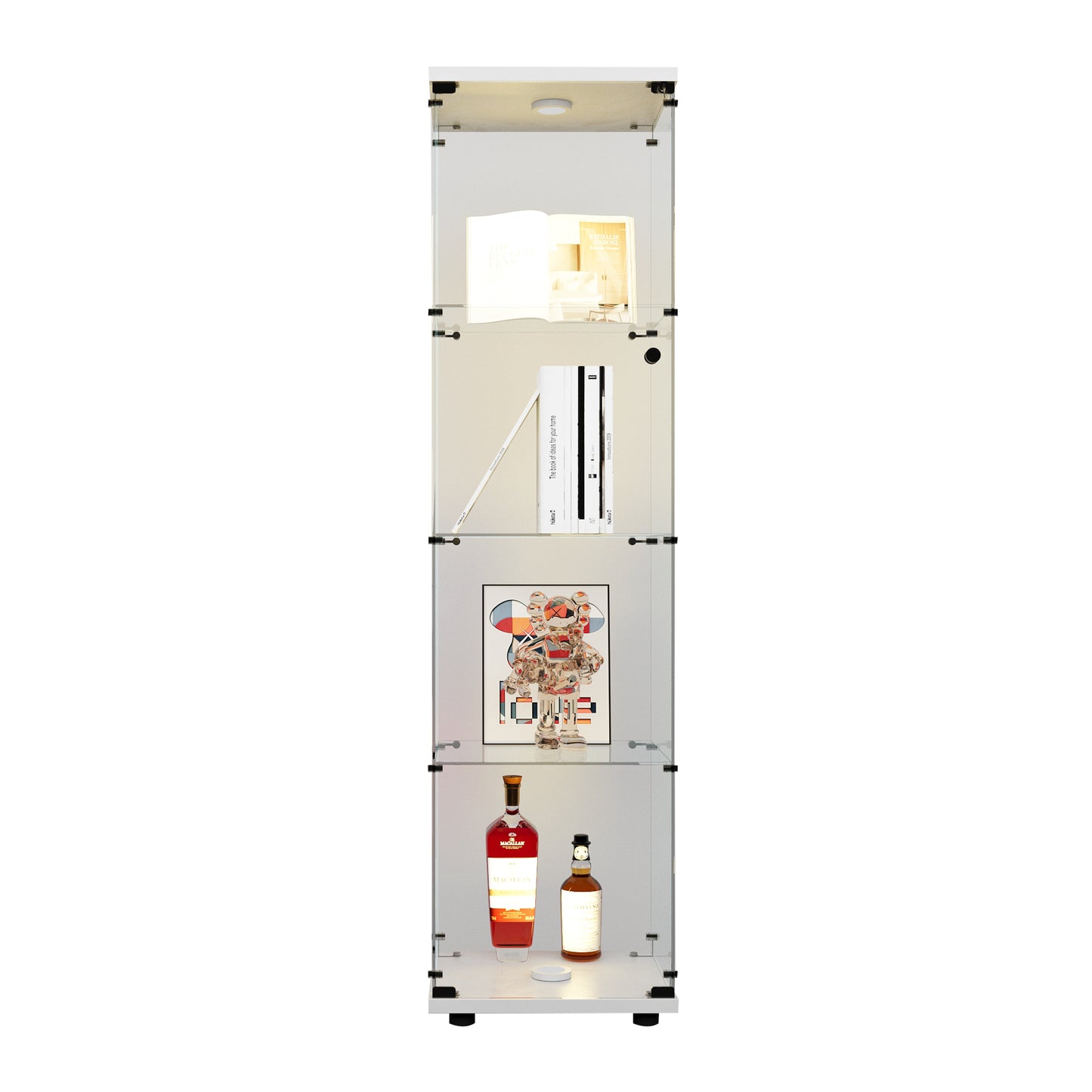 LED Lights Glass Display Cabinet 4 Shelves With Door, Floor Standing Curio Bookshelf For Living Room Bedroom Office, 64.7 X16.7 X14.3   White