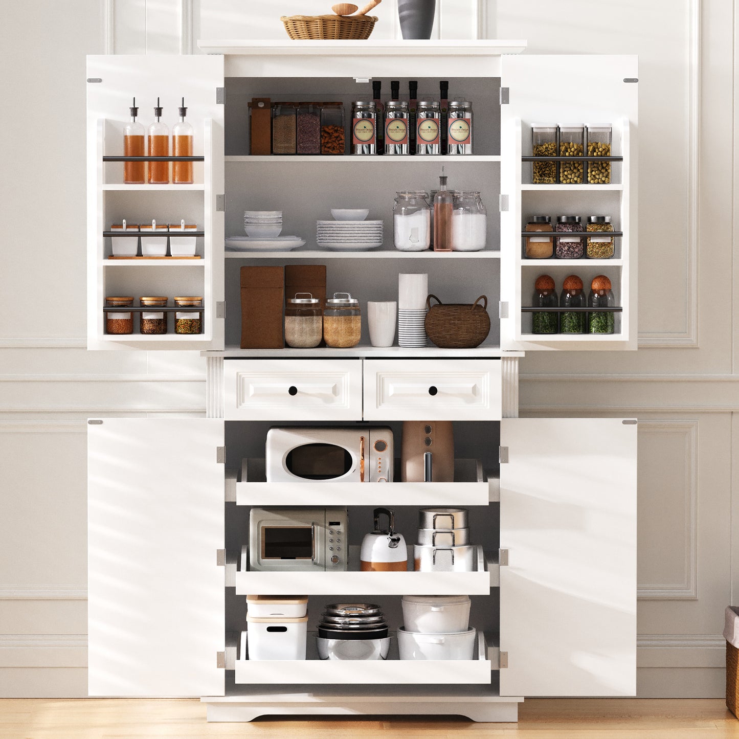 K&K 71   Tall Kitchen Pantry Cabinet With 3 Pull Out Cabinet Organizers, Farmhouse Embossed Texture Storage Cabinet With 6 Door Shelves, 2 Drawers, Freestanding Cupboard For Kitchen, Dining Room White