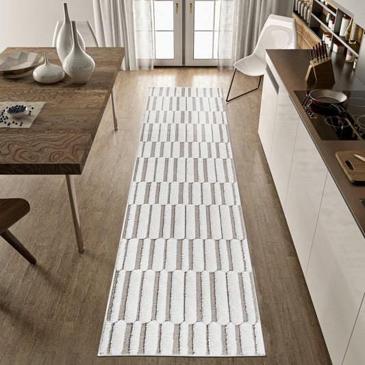 Step Collection High-Low Striped Beige Cream Indoor Runner Rug, 2'2''x8', Modern, Contemporary, Geometric, Bohemian, Bedroom, Kitchen, Living Room, Hallway, Non Shedding Carpet
