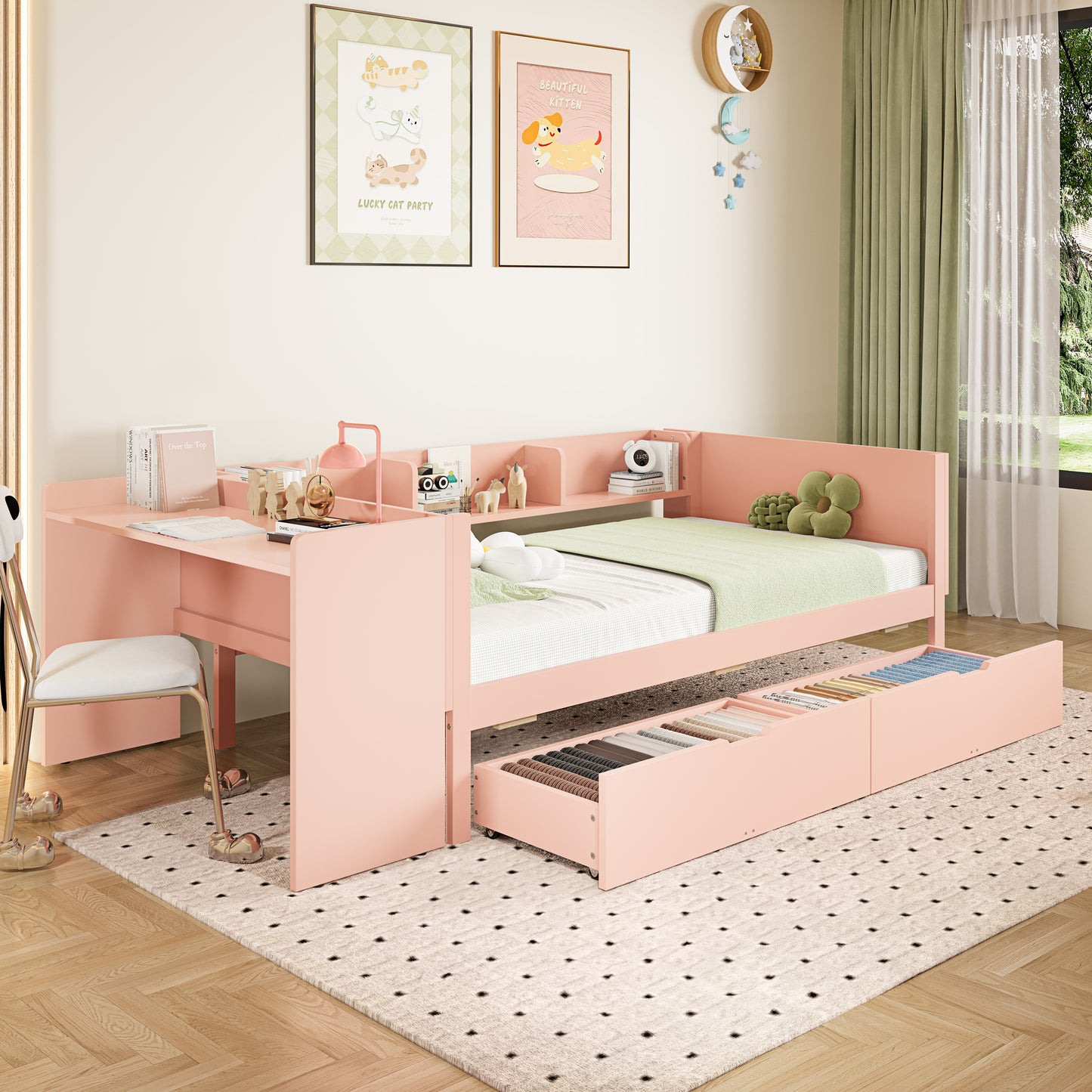 Flat Bed, Wooden Bed, 90x200cm, With Desk, Equipped With 2 Drawers, Single Bed Without Mattress , With Shelves, Pine Chipboard, Pink