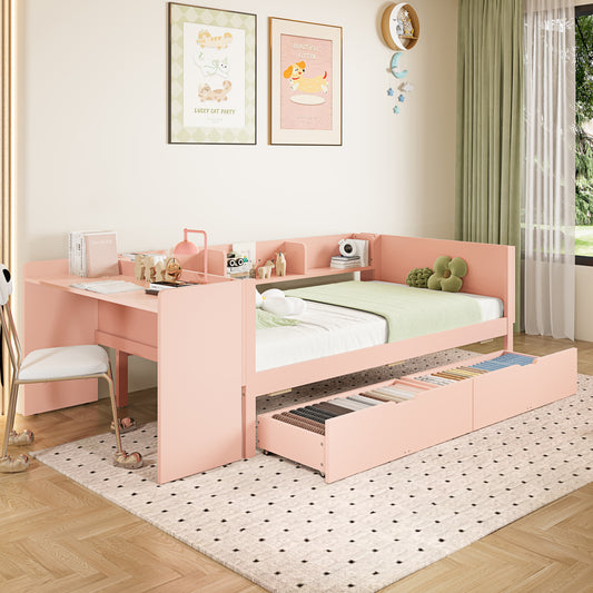 Flat Bed, Wooden Bed, 90x200cm, With Desk, Equipped With 2 Drawers, Single Bed Without Mattress , With Shelves, Pine Chipboard, Pink