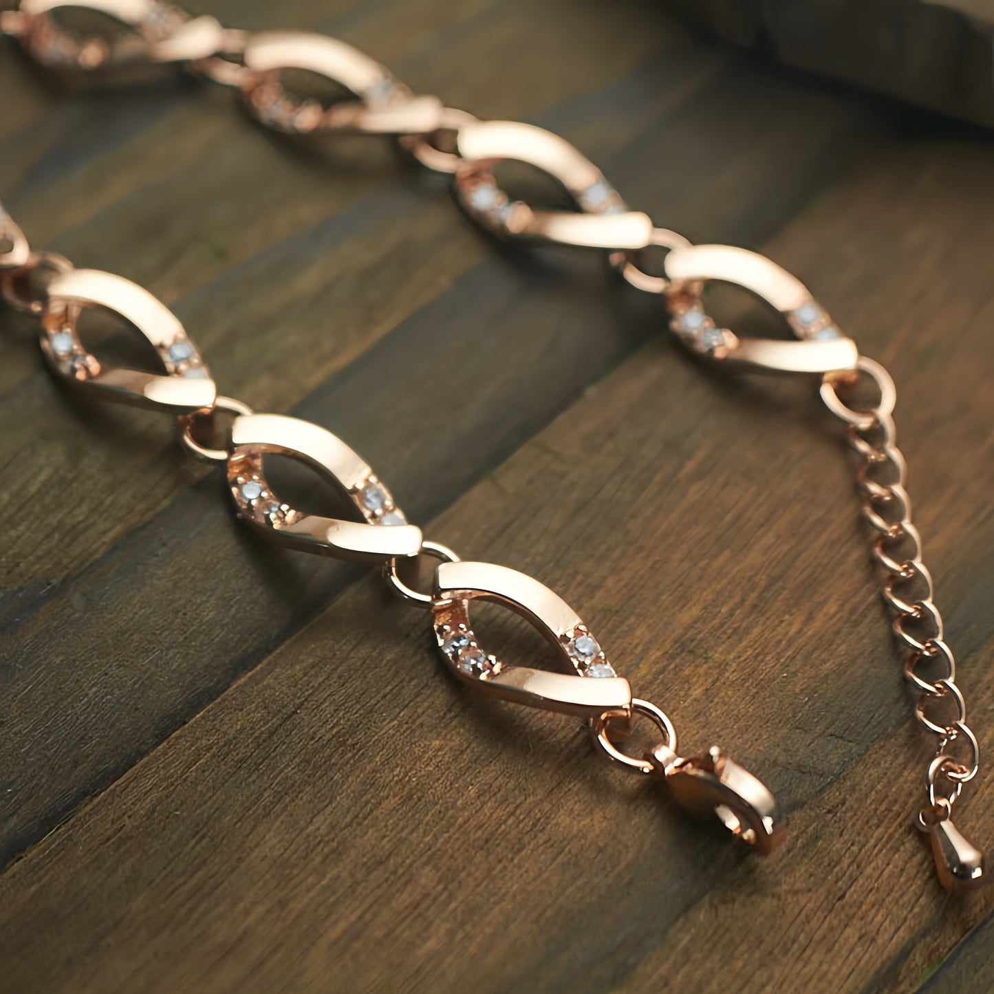 Rose Gold Twisted Oval Link Cubic Zirconia Bracelet For Women, Copper Plated Silver Dainty Adjustable Extension Chain Sparkling Wedding Daily Jewelry Gift