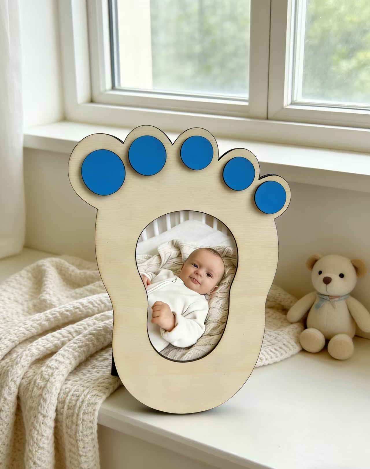 Baby Footprint Wooden Photo Frame, DIY Writeable Newborn Keepsake Picture Frame, Natural Wood Baby Shower Gift For Infant Boys Girls