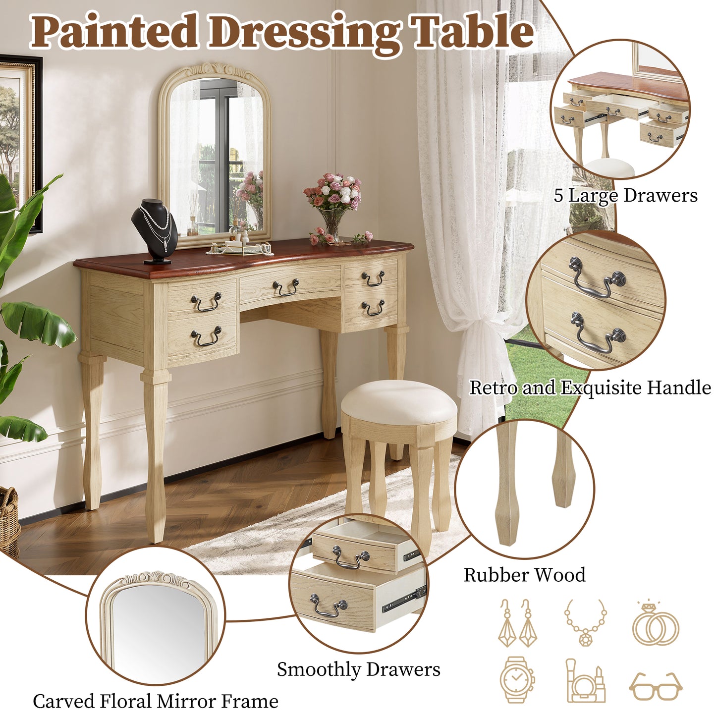 46 Vintage Makeup Vanity With  Curved Flower Frame Mirror, Elegant Dressing Table With 5 Drawers And Leather Stool, Vanity Desk With Solid Wood Legs And Antique Handles For Bedroom