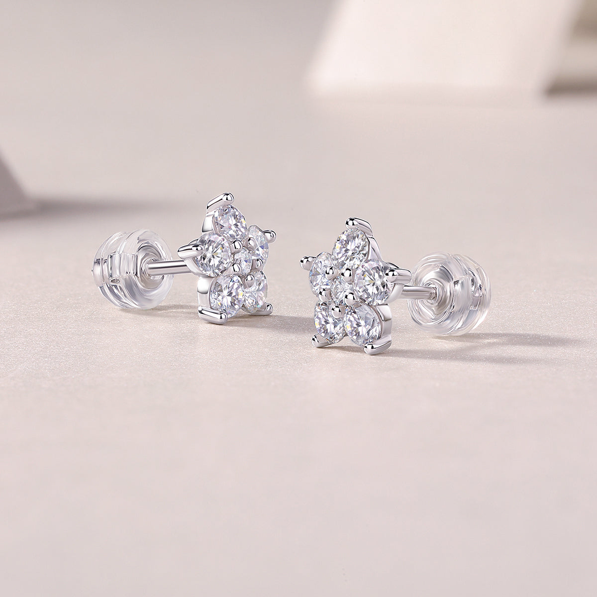 S925 Sterling Silver Flower Stud Earrings, D-VVS1 Moissanite Cluster, 1.4g Lightweight With Silicone Backs, Gift Box