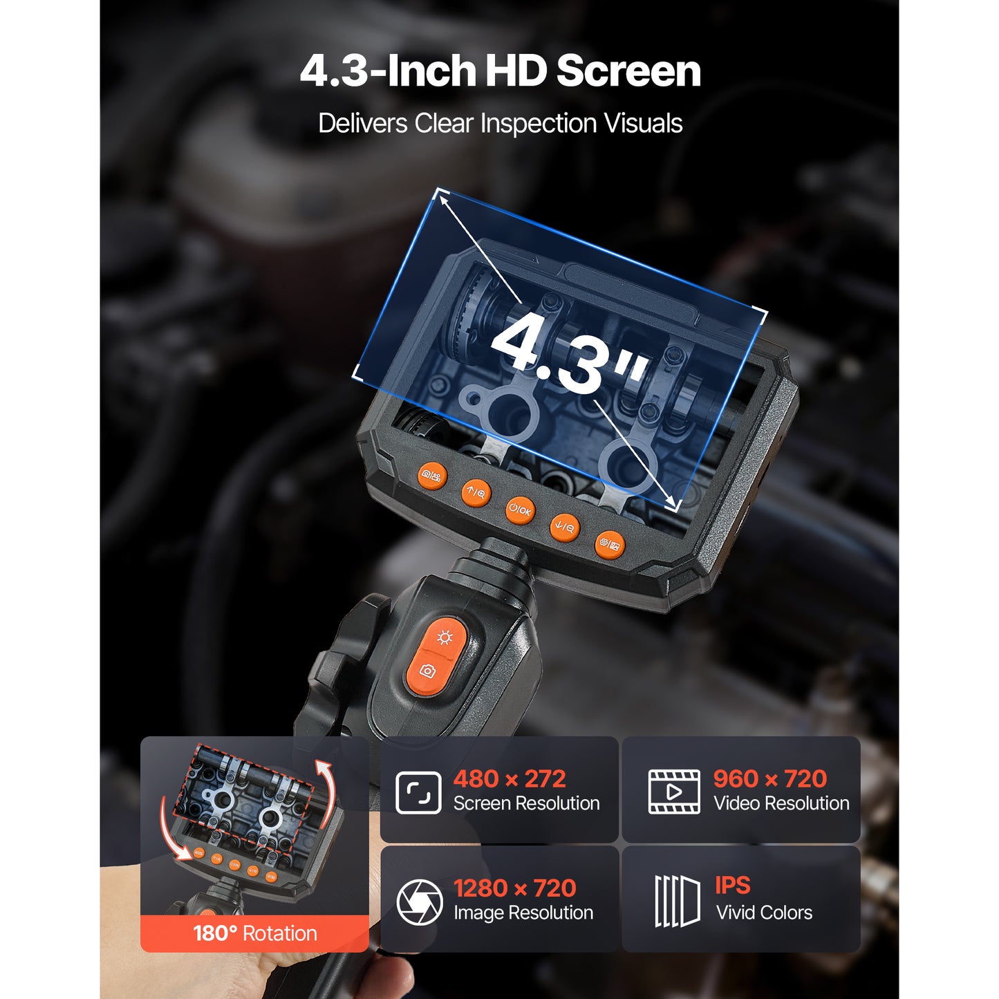 Articulating Borescope Camera With Light, Two-Way Articulated Endoscope, 0.24 Slim Lens, 4.3 IPS Screen, 8X Zoom, IP67 Waterproof Inspection Camera For Auto, Mechanical Equipment 4.9FT Cable