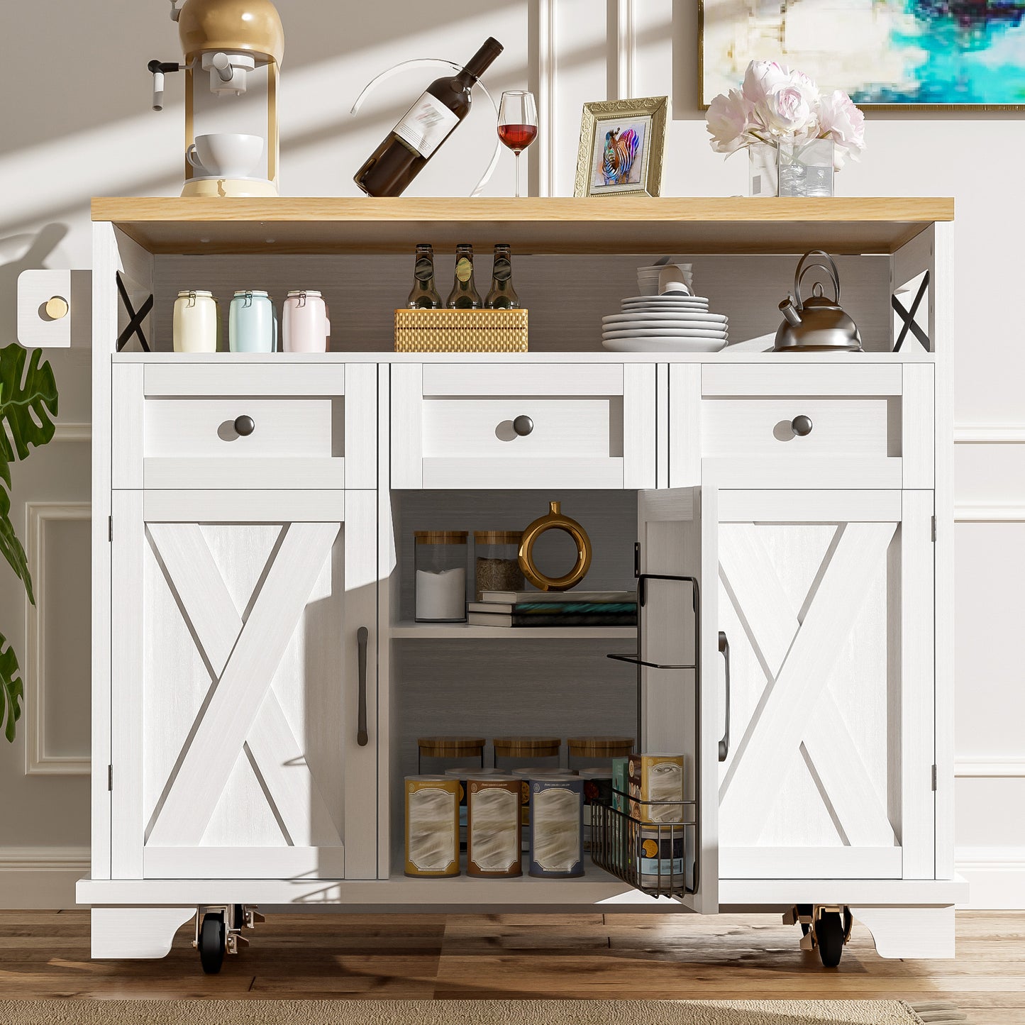 Modern Kitchen Island  118x43x98cm Kitchen Cabinet Dining Cabinet With Wood Grain Dining Trolley On Castors With Multifunctional Storage Space, Removable Dividers, With Towel Rail, White