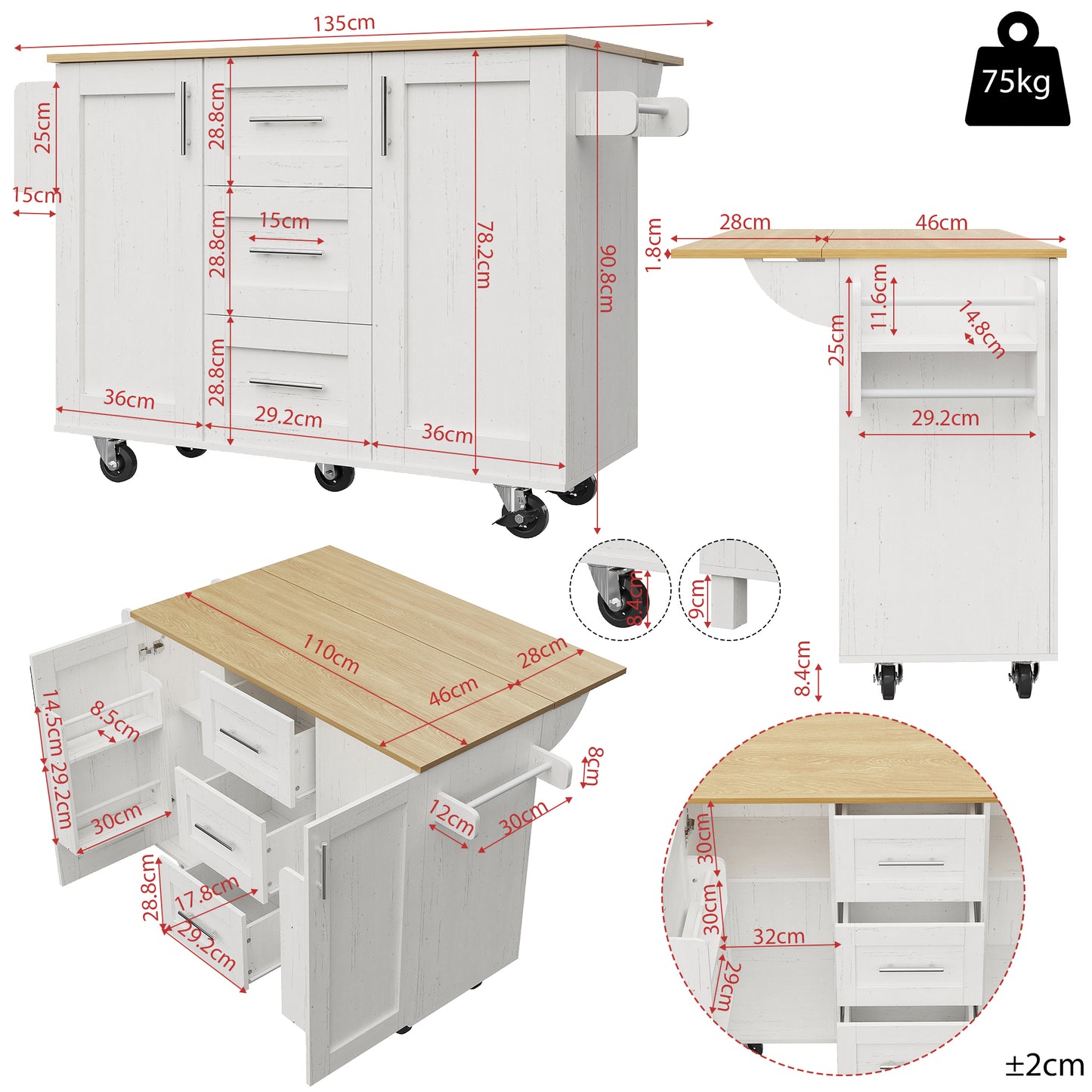 Kitchen Island, Removable Dividers, Castors Removable As Kitchen Cabinets, Dining Trolley With Worktop, Buffet Cabinet, Dining Trolley With Wood Grain, Side Towel Rail With Wheels, White