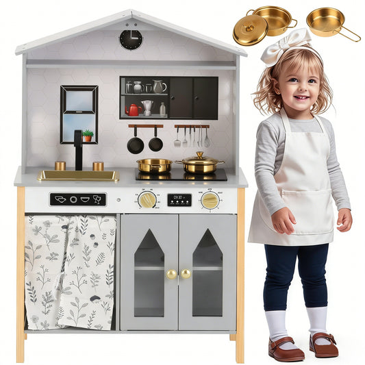 Children's Kitchen, Play Kitchen-Creative House Design, Accessories And Surprise Effects, Suitable For Children From 3 Years, Wood   Plastic, Grey, 28.5x60x92cm