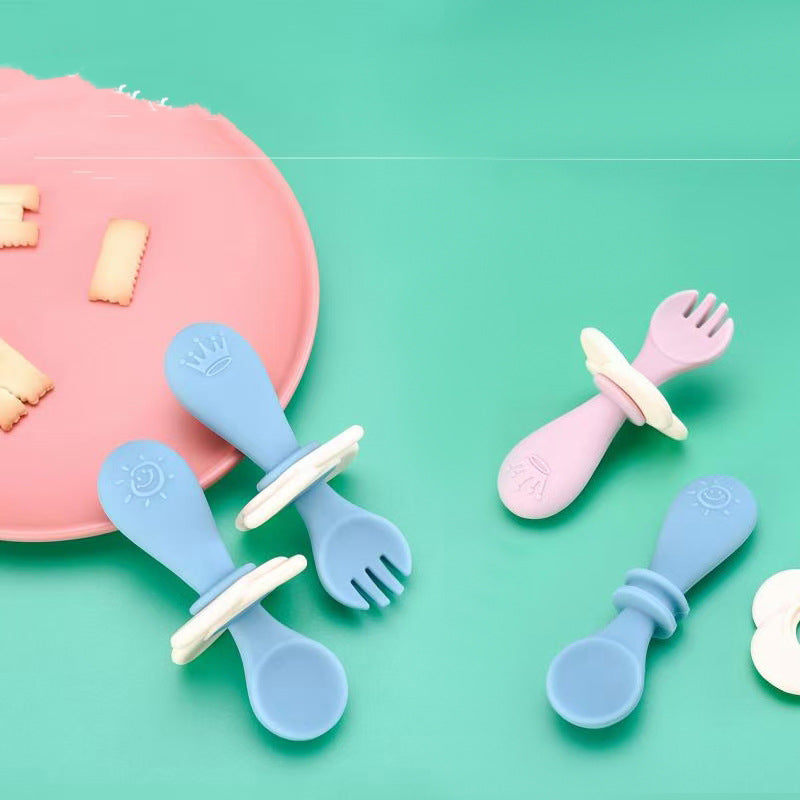 Short Handle Spoon Fork Children's Silicone Meal Feeding Fork Spoon Q Bomb