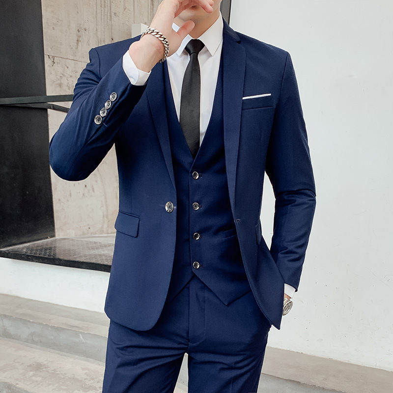 Mens Korean-style Slim-fit Business Suit Three-piece Set