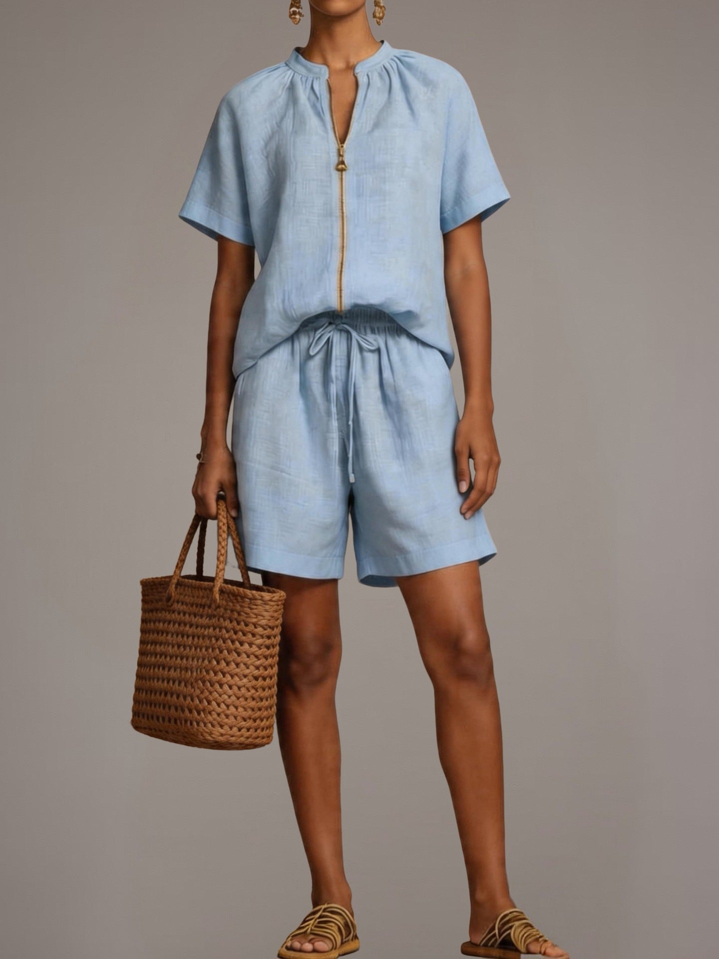 Summer New Solid-color Cotton-linen Short-sleeve Shorts Set