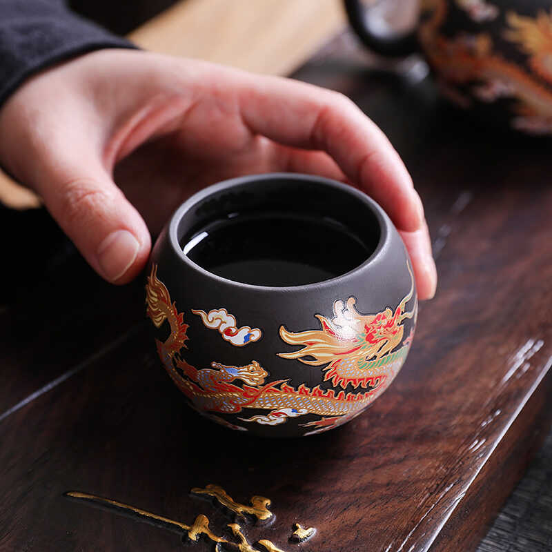 Dragon And Phoenix Auspicious Pattern Color-changing Zisha Teacup, Purple Clay Tasting Cup, Kung Fu Tea Cup And Tea Bowl That Changes Color When Exposed To Heat