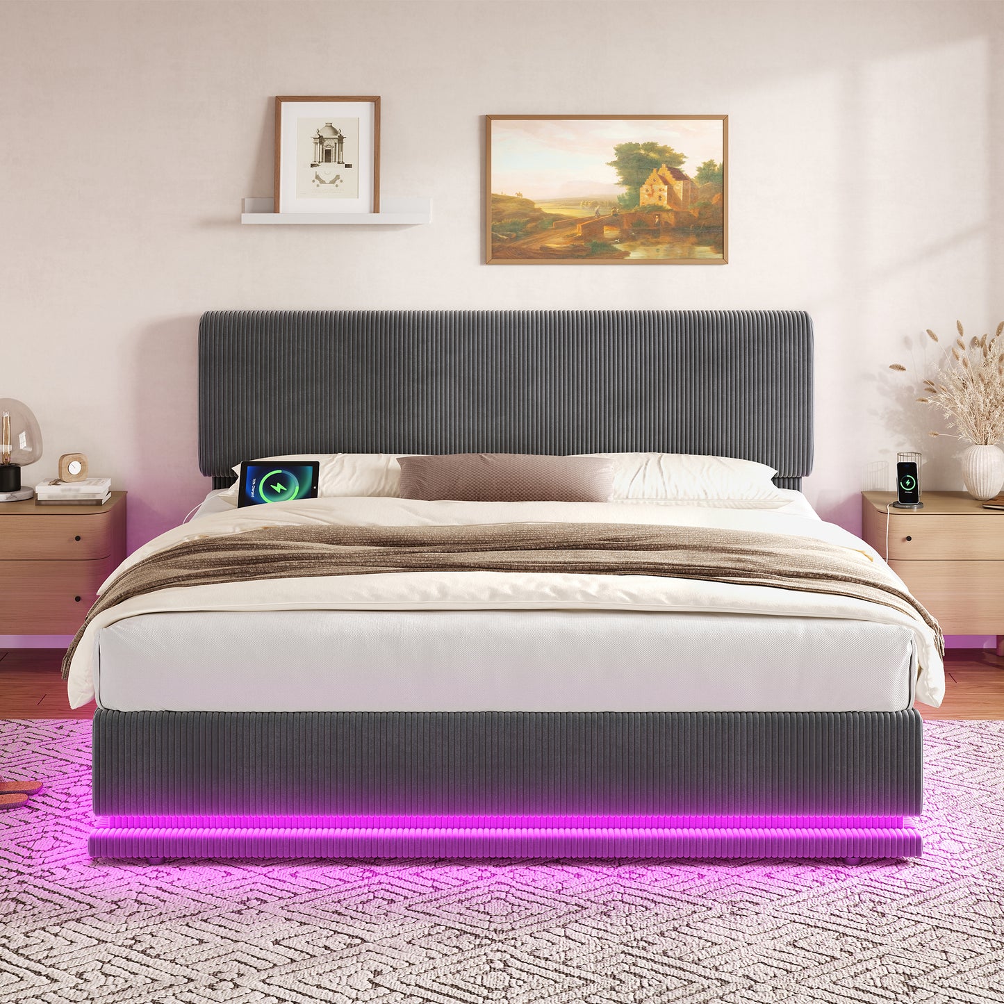 Modern Sponge Bed With LED Lighting And USB-C Charging Function, Height-adjustable Headboard, Cord Fabric, Stable Slat Bed, Large Underbed Storage And Comfortable Cushion Headboard. 180X200 Gray