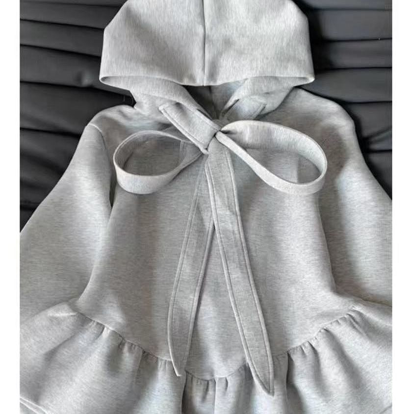 Womens Korean-style Gray Hoodie With Bow-Tie Straps