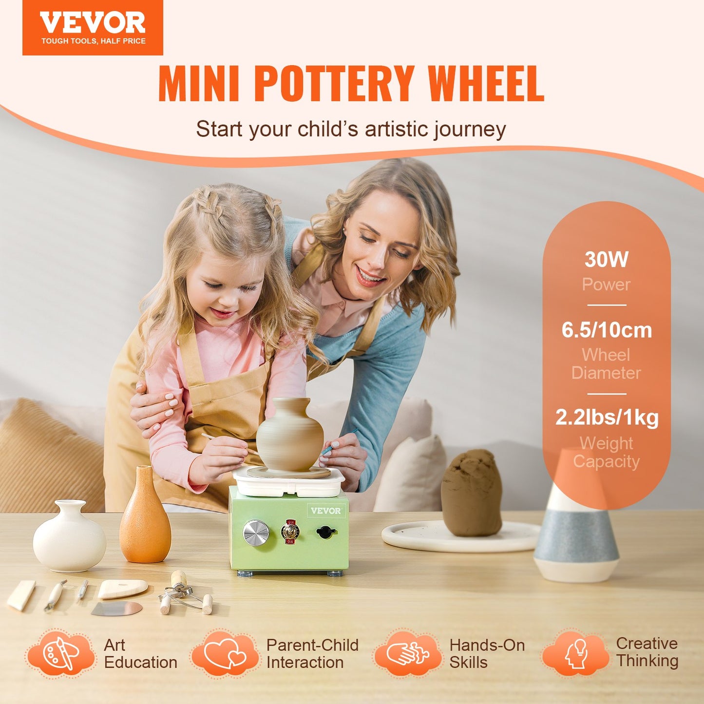 Mini Pottery Wheel, 0-320RPM Adjustable Speed Detachable Basin Forming Machine, 2.56in/3.94in 2 Turntables Electric Ceramic Wheel Machine, 18pcs Accessories, For Art Craft Work Home DIY, Green