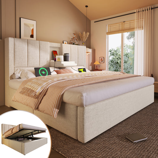 Upholstered Bed 140x190 Cm, Double Bed With Hidden Cup Holder & Charging Station, Hydraulic Bed With Storage Space Under The Bed, Incl. Slatted Frame, Linen Beige  Without Mattress