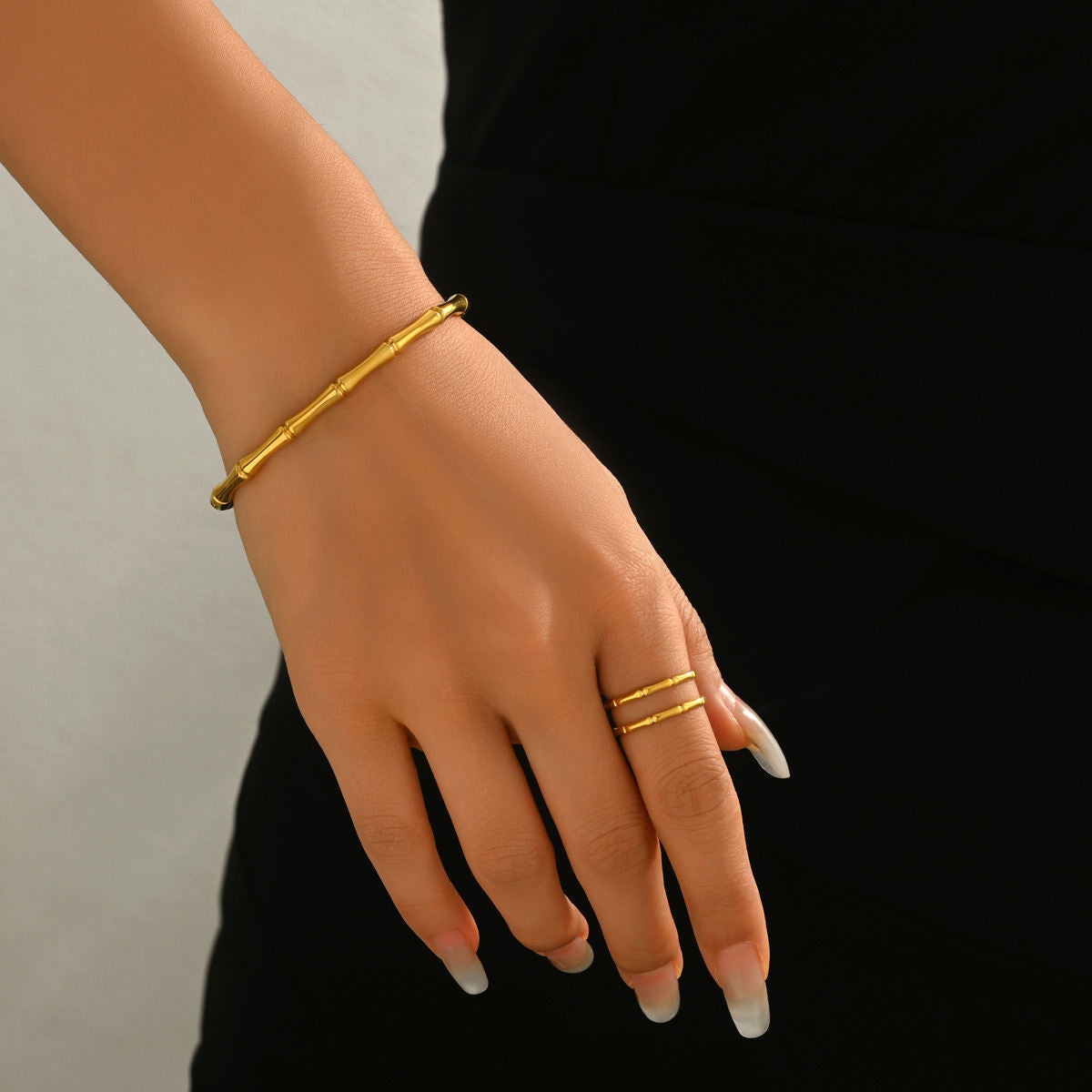 Cross-border European American Jewelry Set, Fashion Electroplated Metal Bamboo Joint Design, Niche Open Bangle & Matching Ring, Elegant Versatile Daily Matching Accessories For Women