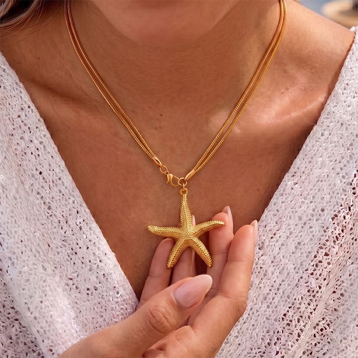 Double Layer Starfish Pendant Necklace For Women, 18K Gold Plated Stainless Steel Snake Chain Choker, Summer Beach Vacation Jewelry Gift