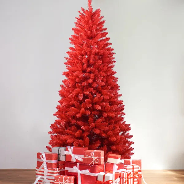 5FT Red Christmas Tree – Pure Red PVC Tree With 624 Tips, Hinged Branches For Easy Setup, Stable Metal Stand, Bold Holiday Decoration