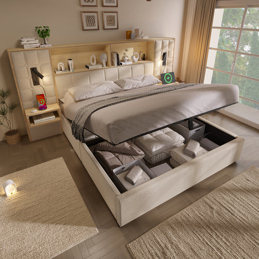 Upholstered Bed 160x200 With Storage Space, System Bed Beige, LED & 2 Reading Lamps, 2 Integr. Bedside Tables, USB Type-C Charging Port, Linen Fabric, Incl. Slatted Frame, Without Mattress