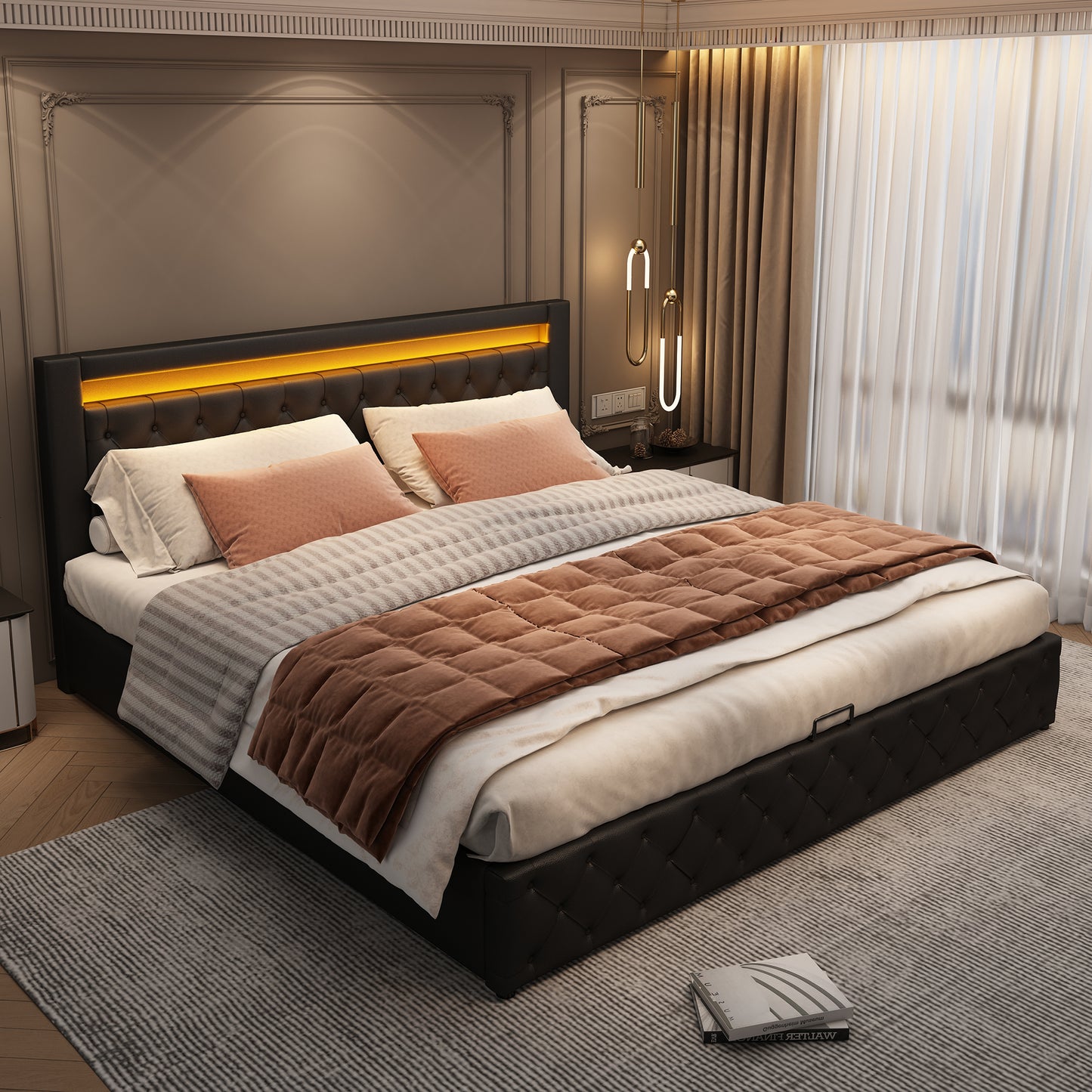 Upholstered Bed, Measuring 140 X 190 Cm, Fully Functional With A Slatted Base And Storage Space, Hydraulic Storage, LED Lighting, Black, PU Material.