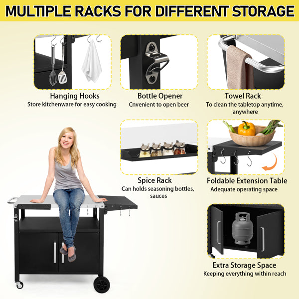 Outdoor Grill Cart With Storage, Rolling Bar Cart Movable Kitchen Island For BBQ, Patio Dining Cart Table For Food Prep With Wheels Hooks Foldable Top