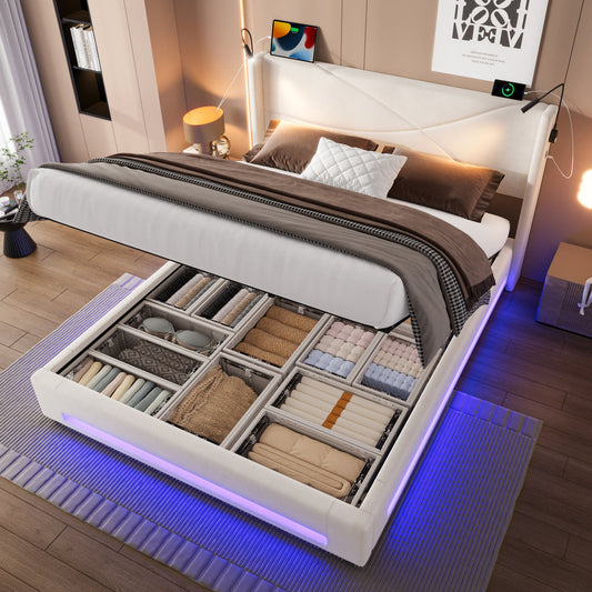 Modern Bed Frame With Integrated Reading Lamps, Ambient LED Lighting, Hydraulic LIft  With Storage Base, Sturdy Slatted Frame USB & Type-C Charging Ports, 135x190cm For Sweet Home,  Beige