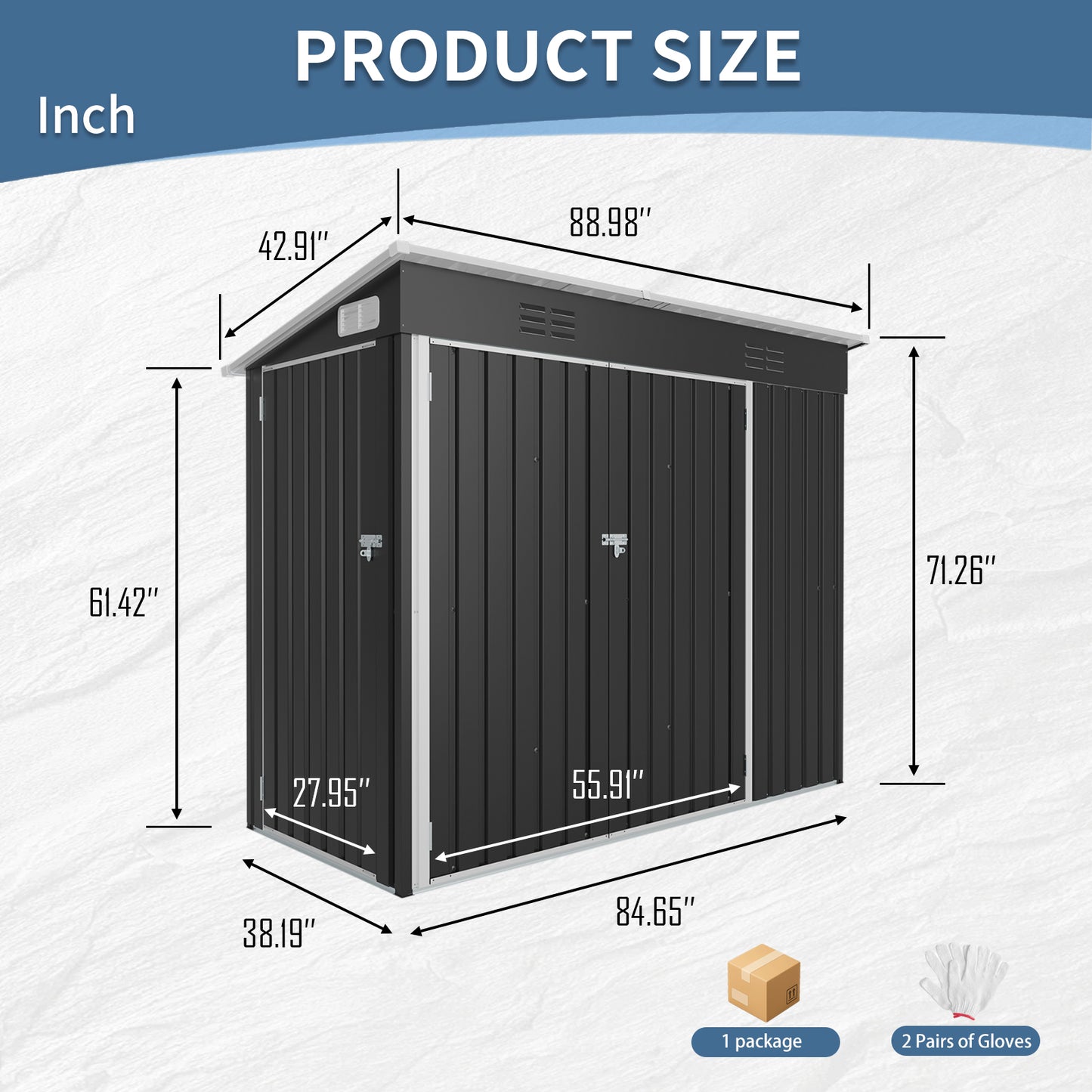 4 X 8 FT Galvanized Steel Outdoor Storage Shed With 3 Access Doors, Ventilated Weatherproof Metal Utility Shed For Garden Tools, Bikes & Patio Equipment,Black 3.58x7.41 Ft