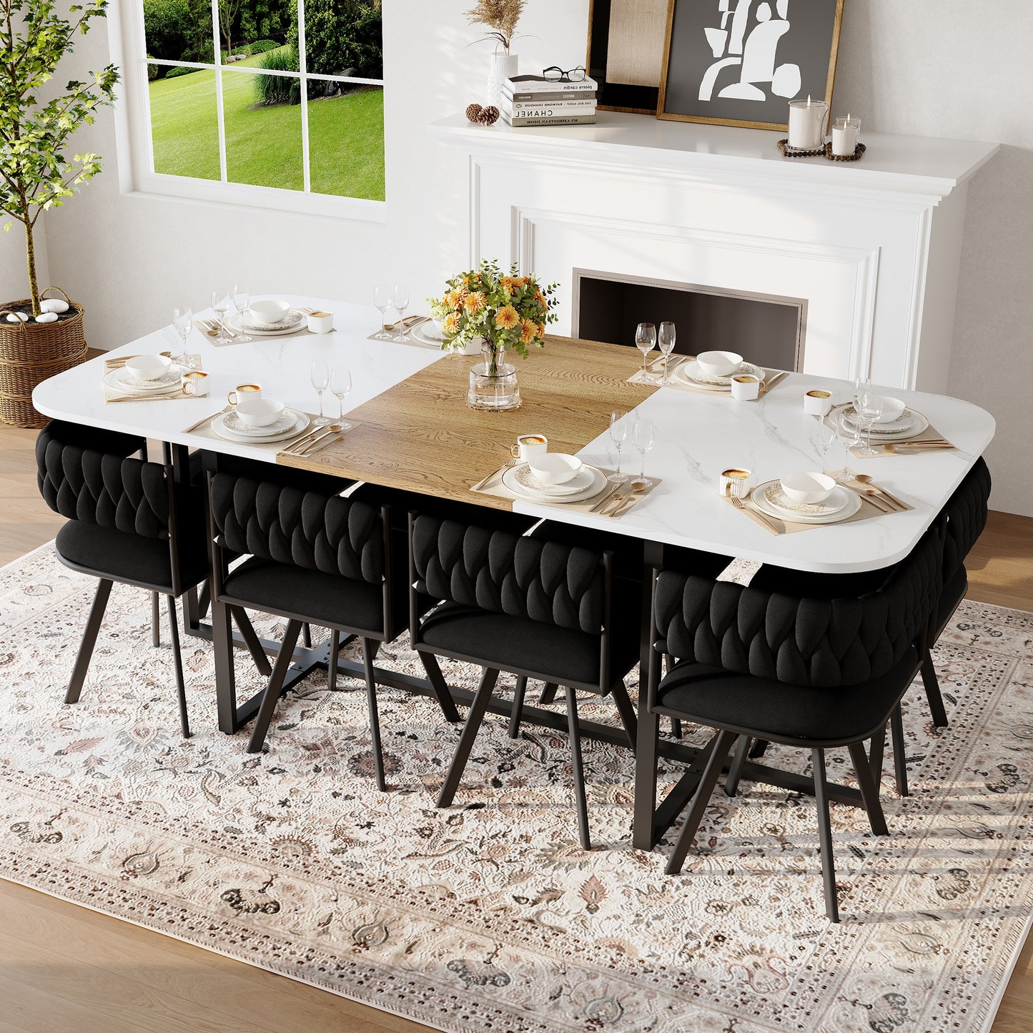 9-Piece Square Dining Table Set, Fixed White Faux Marble & Wood Grain Triamine Tabletop With 8 Black Velvet Chairs, Modern Kitchen Table Set For 8 People, Ideal For Family Gatherings, Dining Room