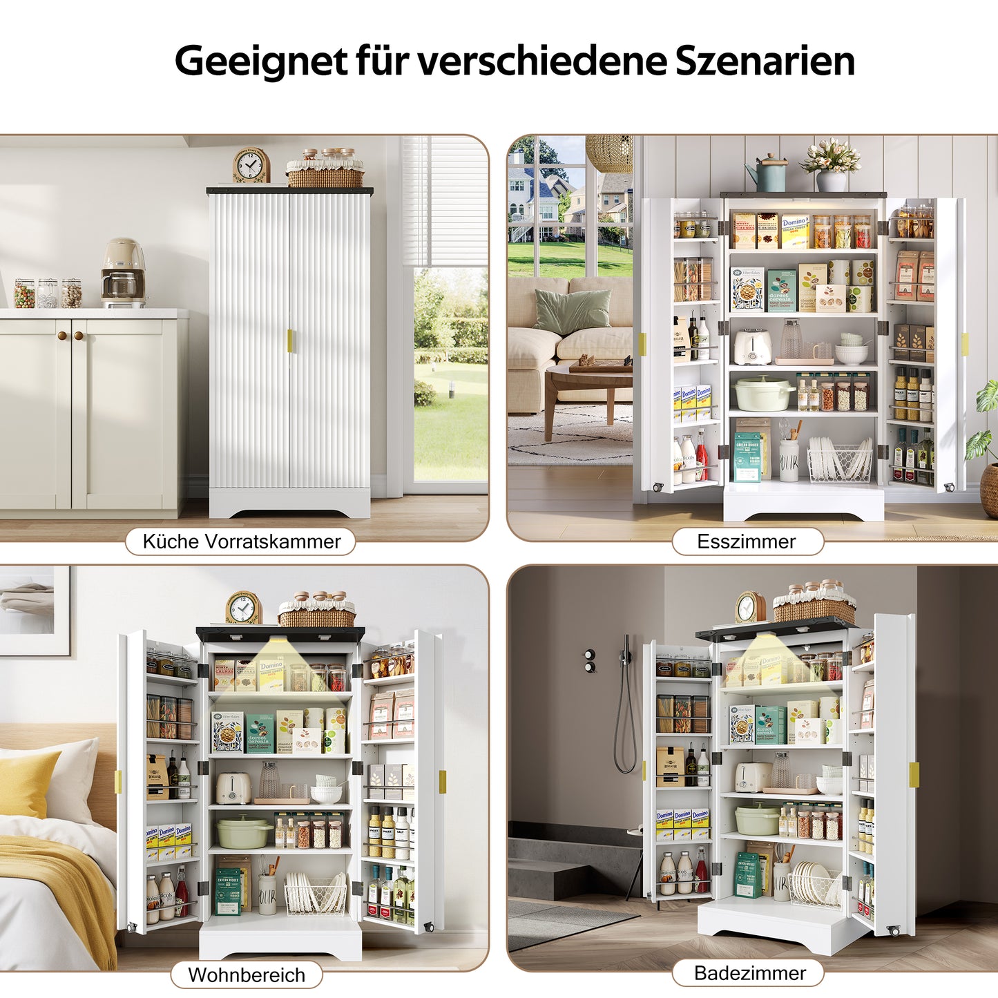 Kitchen Cabinet With LED Sensor Light And Spice Rack, Generous Double Door Cabinet With Adjustable Shelves And Modern Door Design  White, 120 X 60.5 X 40 Cm