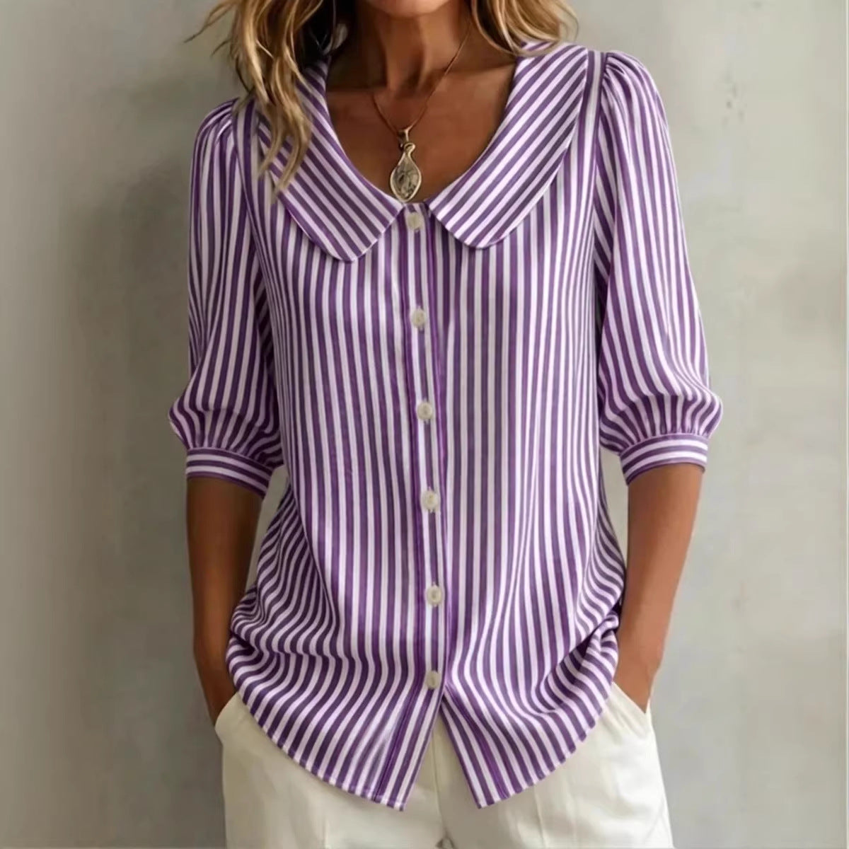 New Arrival Womens Loose-Fit V-Neck Striped Blouse For Commuting