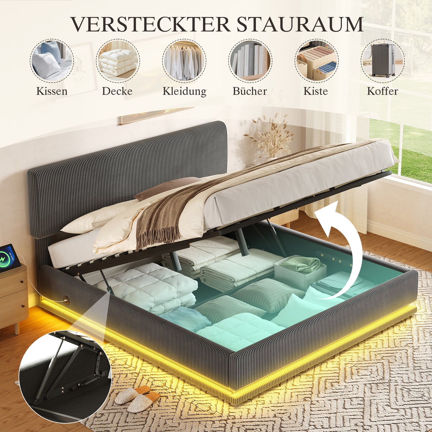 Modern Upholstered Beds With LED Lighting And USB-C Charging Function, Height-adjustable Headboard, Corduroy Fabric, Sturdy Slatted Frame, Large Underblanket Storage Space And Comfortable Upholstered