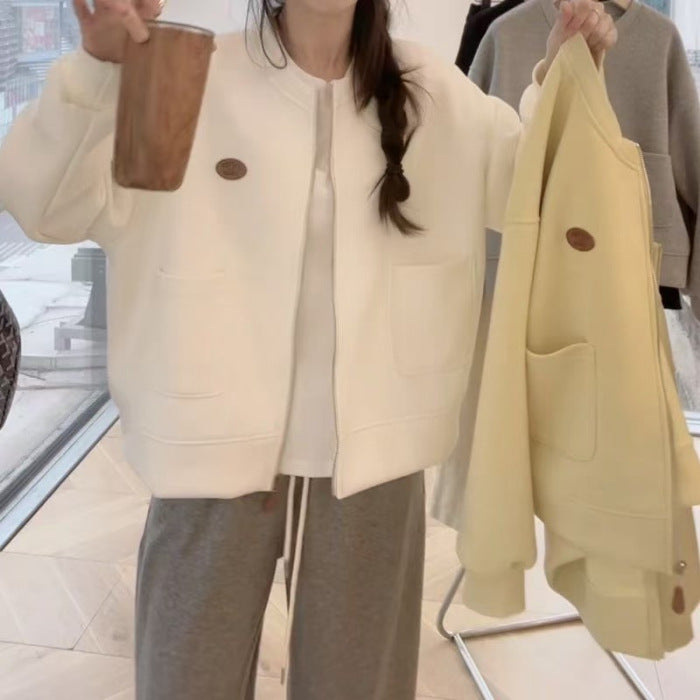 Korean-style Casual Round-neck Long-sleeve Zip-up Hoodie Jacket