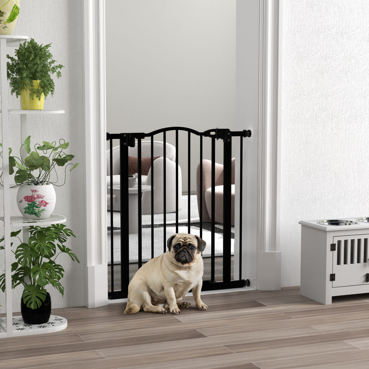 PawHut Metal 74-80cm Adjustable Pet Gate Safety Barrier W/ Auto-Close Door Black