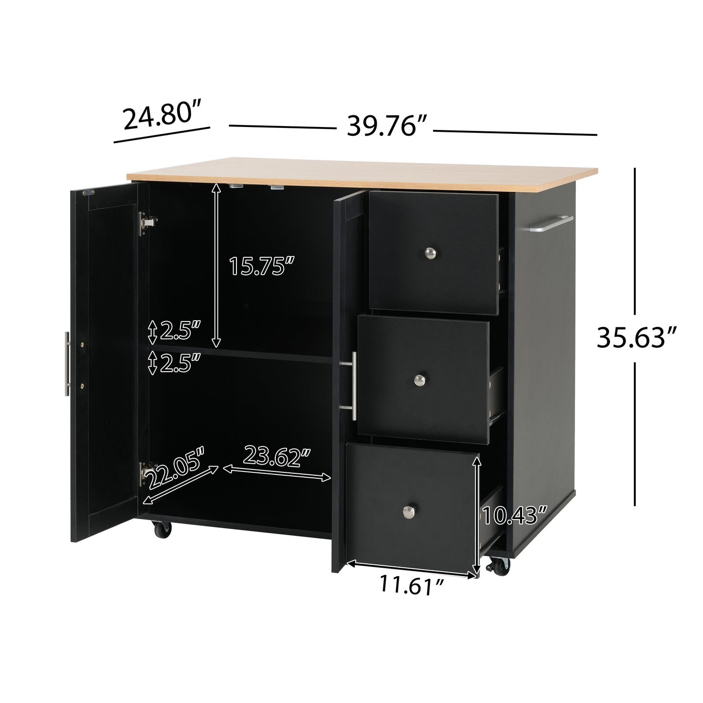 Mobile Kitchen Cart With Storage, 39.76   Rolling Kitchen Island With 2 Doors, 3 Drawers & Adjustable Shelf, Black Utility Cart For Kitchen Dining Room