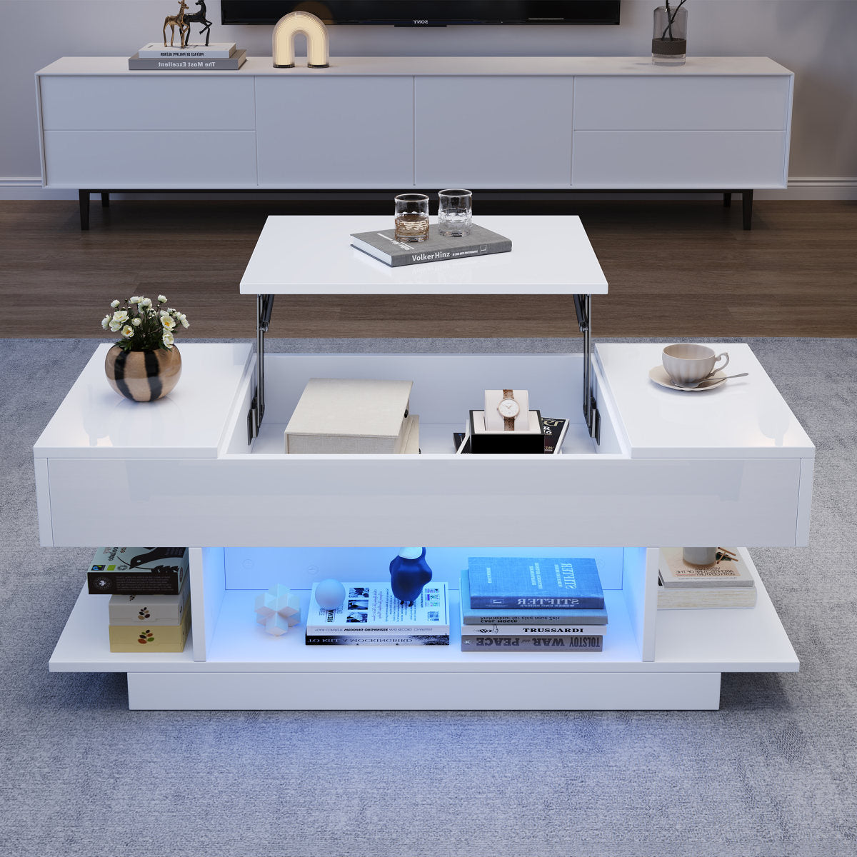 98x45x40cm Lift Coffee Table With Lift Table Top,Height Adjustable Sofa Table,Coffee Table With 2 Folding Cabinets,Living Room Table With Semi-Open Storage,High Gloss Tea Table With LED,White