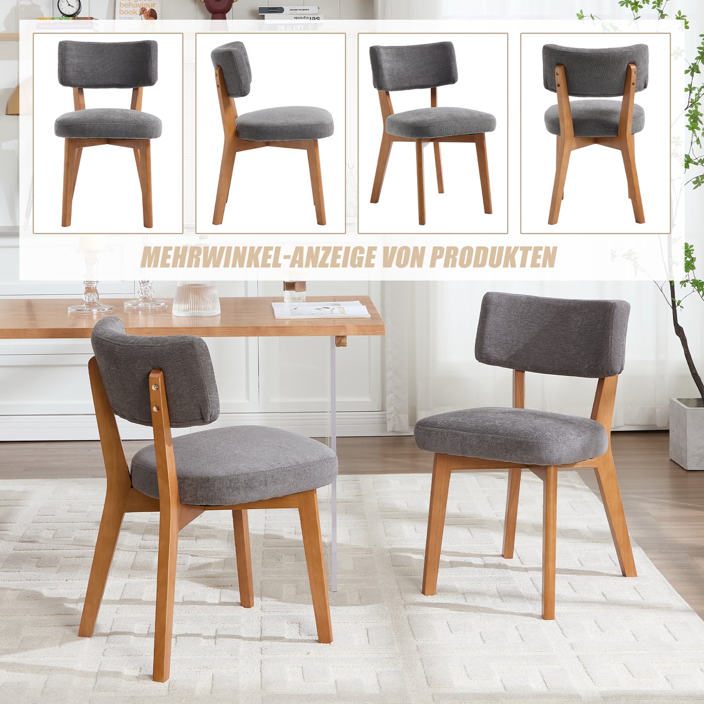 Modern Mid-Century Style Dining Chair Set Of 2, Solid Wood Legs Fabric Upholstered Seat For Kitchen, Dining Room Or Office Gray Linen Fabric
