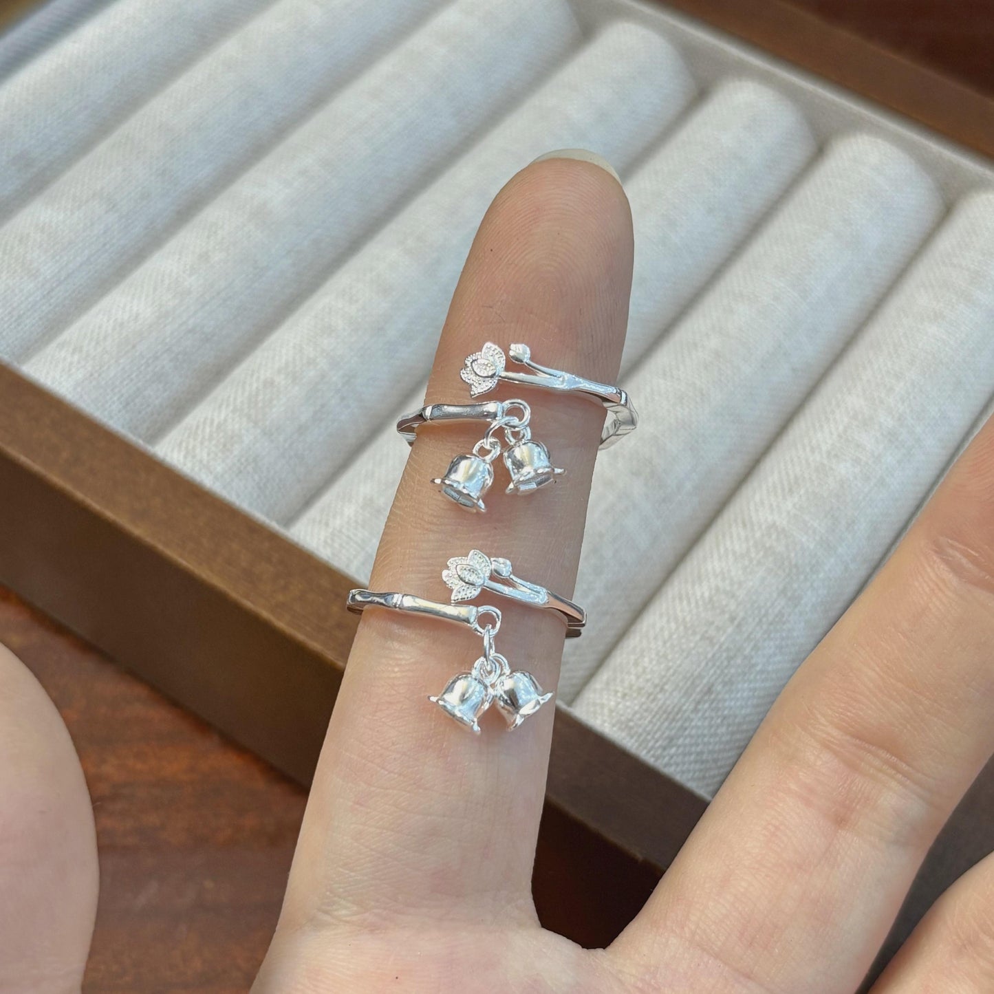 1pc 999 Sterling Silver Bamboo & Lily Of The Valley Charm Open Ring, Fresh Chinese Style, Perfect For Daily & Valentine's Gift