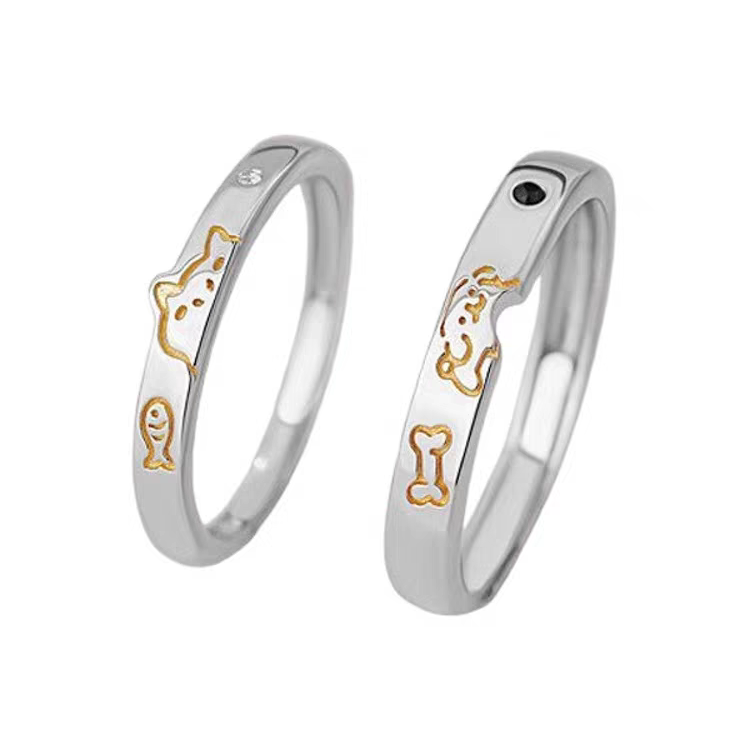 1 Pair 999 Sterling Silver Cat & Dog Couple Rings, Cute Two-Tone Design, Suitable For Daily Wear & Valentine's Gifts