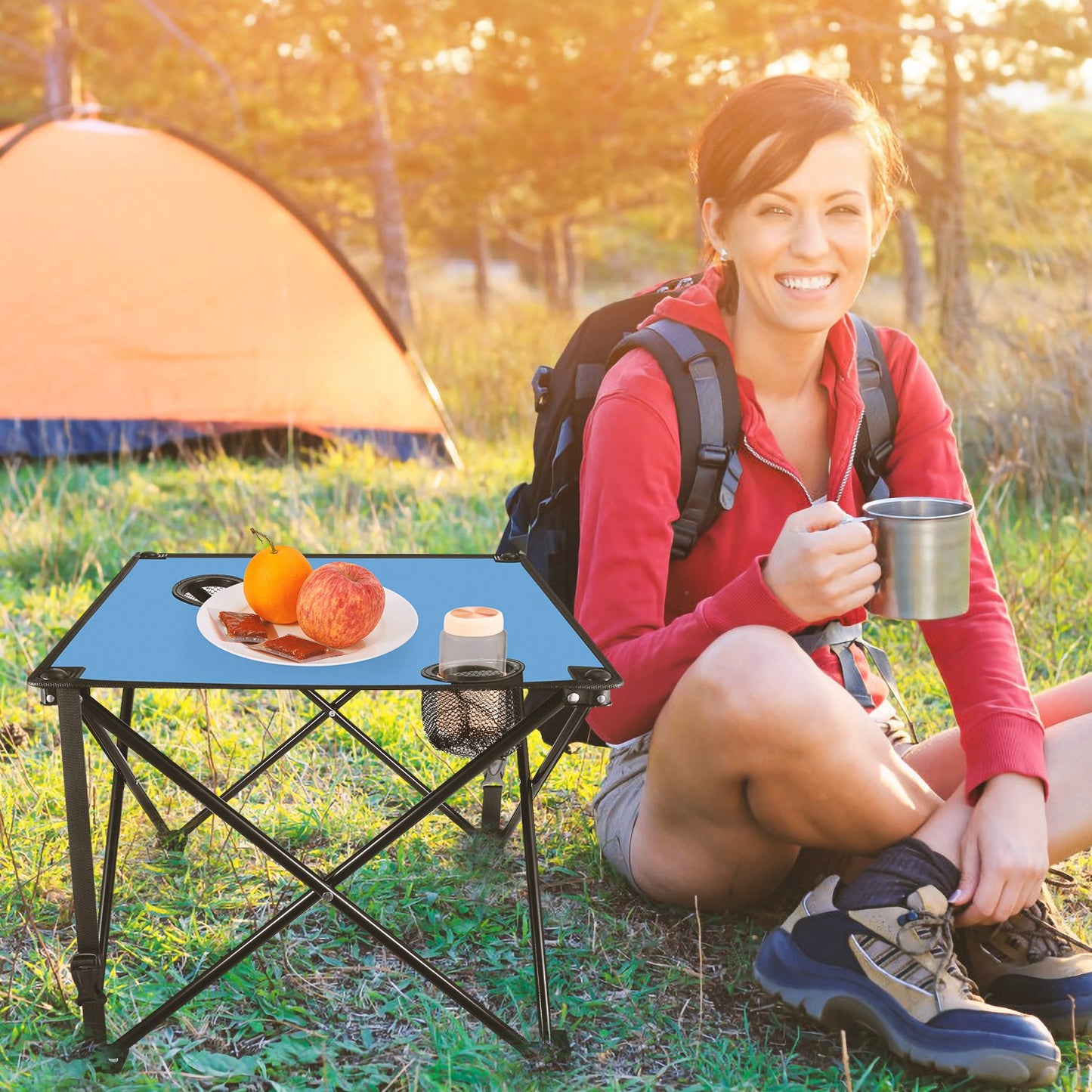 1Pc 2Pc Options Foldable Camping Table Portable Picnic Table Lightweight Travel Desk With 2 Cup Holders Carrying Bag Color Options Black Orange Green Red Blue Navy Blue