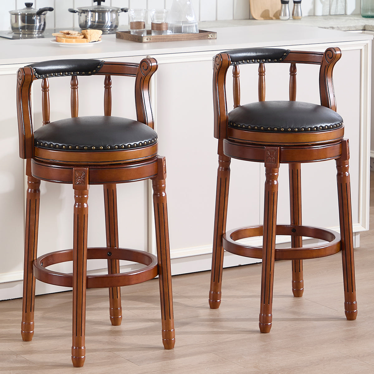 Cow Top Leather Wooden Bar Stools, 360 Degree Swivel Bar Chair With Backs,Bar Height Couner Height Barstools For Home Kitchen Dining Room And Bar Room