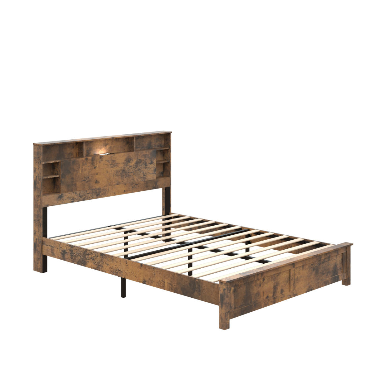 King Wood Bed Frame With Bookcase Headboard, Charging Station & LED, Dark Brown