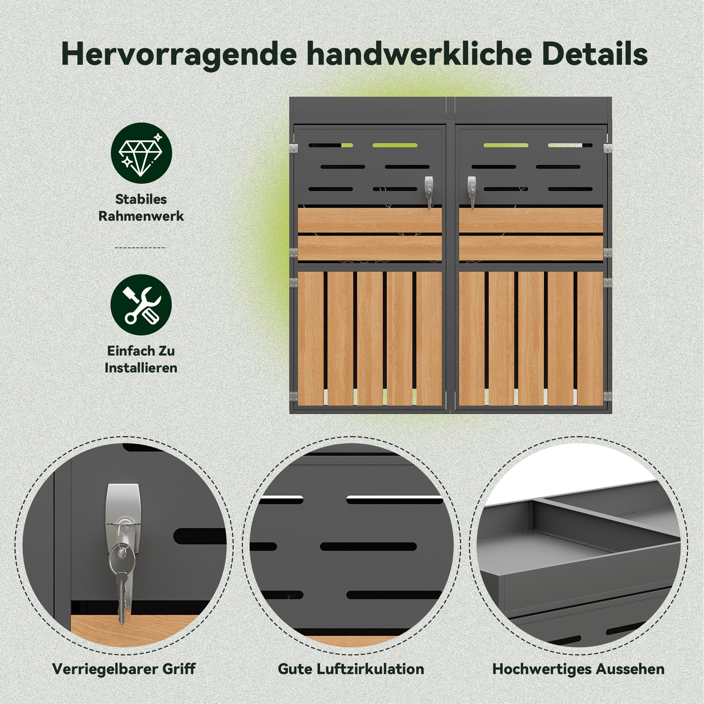 Multifunctional Outdoor Cabinet With Integrated Planter, Slat Ventilation, Two Separate Compartments, Galvanised Steel Frame And Safety Chain  For Storage And Garden Decoration  Without Waste Bins
