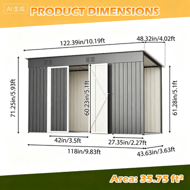 10'x4' Outdoor Metal Storage Shed For Garden Tools Lockable Door With Floor Frame