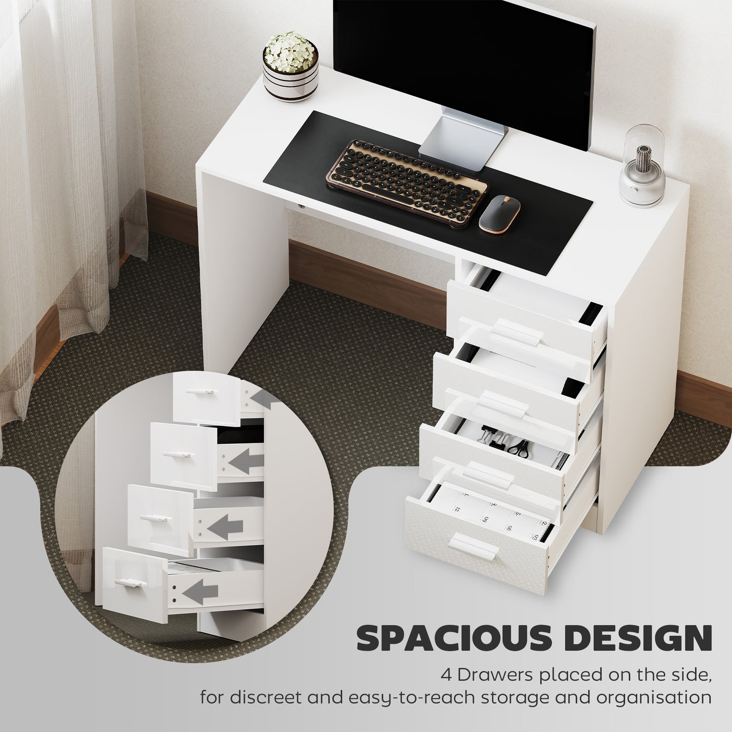 Computer Desk With Drawers, Dressing Table, High Gloss Home Office Writing Workstation, White